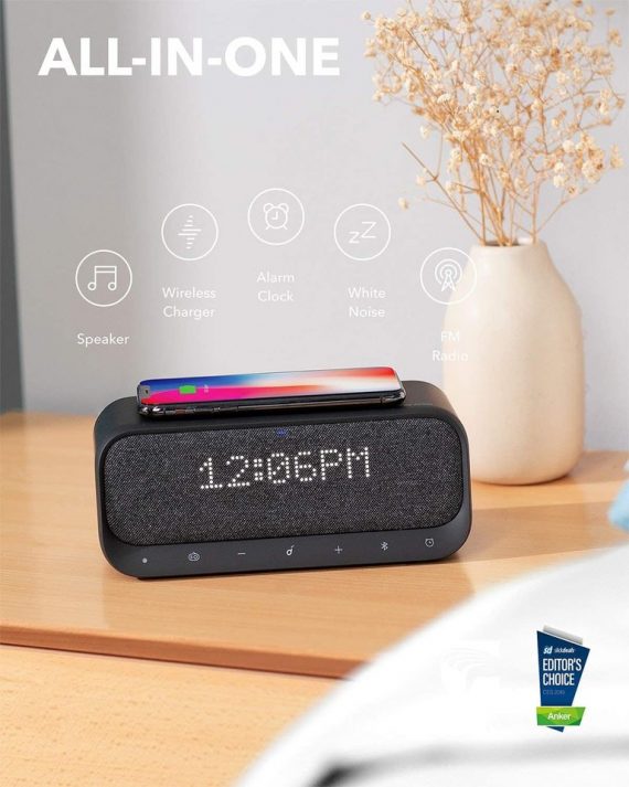 Anker Soundcore Wakey - Wireless Bluetooth Speaker with Wireless Fast Charging, Alarm Clock, FM Radio and more - A3300 - Black