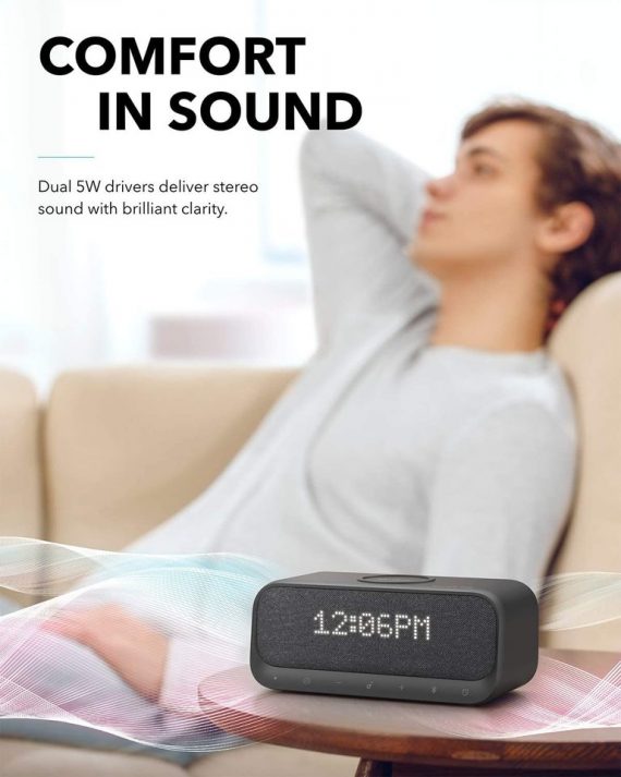 Anker Soundcore Wakey - Wireless Bluetooth Speaker with Wireless Fast Charging, Alarm Clock, FM Radio and more - A3300 - Black