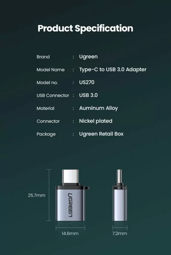 UGREEN USB-C to USB 3.0 Adapter - US270 - Gray