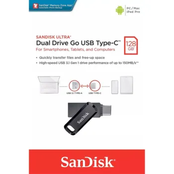 SanDisk Ultra 128GB Dual Drive Go - 2-in-1 USB Type-A & Type-C USB Flash Drive (SDDDC3-128G-G46)