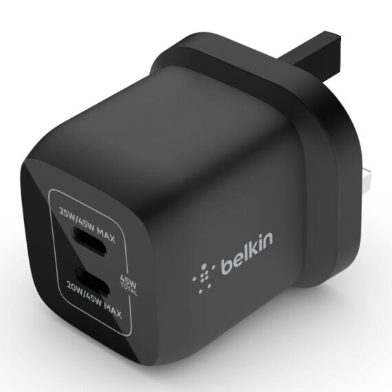 Belkin BoostCharge Pro Dual USB-C GaN Wall Charger with PPS 45W (WCH011myBK) - Black