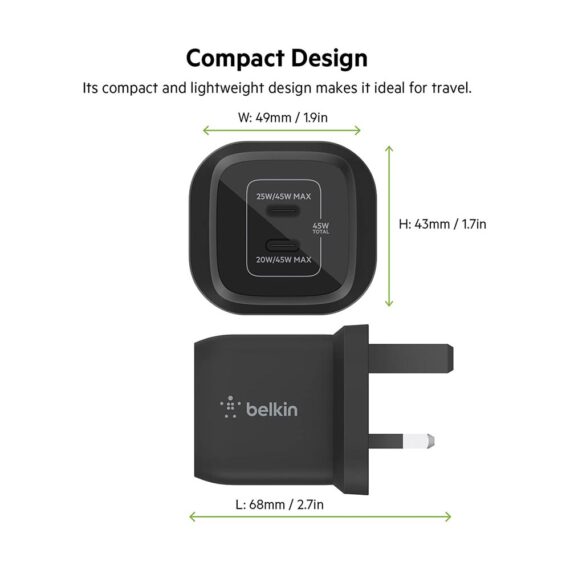 Belkin BoostCharge Pro Dual USB-C GaN Wall Charger with PPS 45W (WCH011myBK) - Black