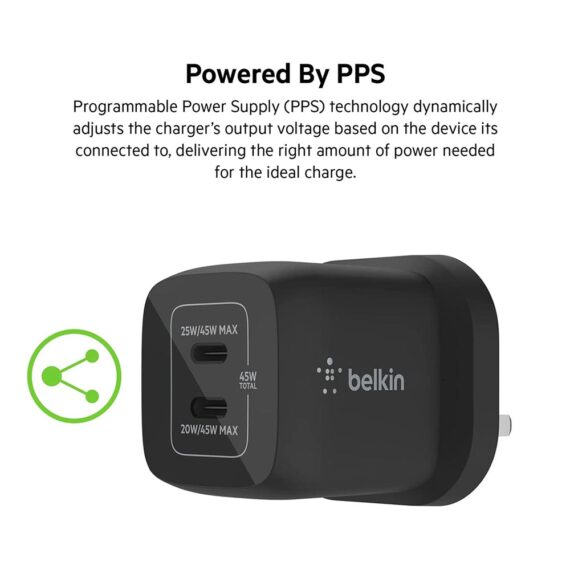 Belkin BoostCharge Pro Dual USB-C GaN Wall Charger with PPS 45W (WCH011myBK) - Black