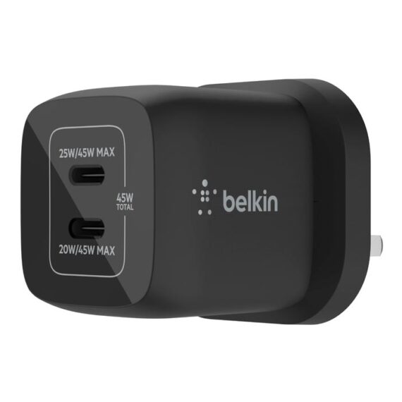 Belkin BoostCharge Pro Dual USB-C GaN Wall Charger with PPS 45W (WCH011myBK) - Black