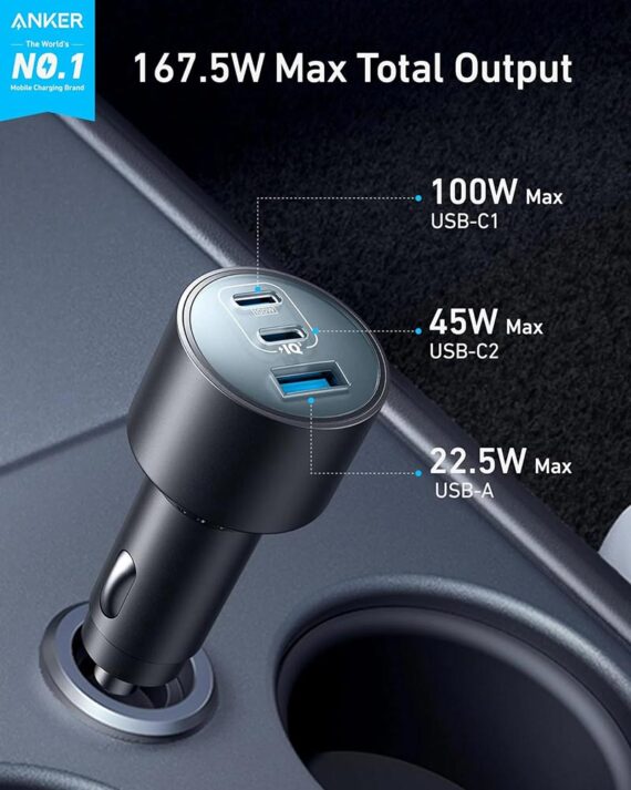 Anker Car Charger (167.5W, 3 Ports, with 3.3ft USB-C to USB-C Cable) - B2737HA1 - Black