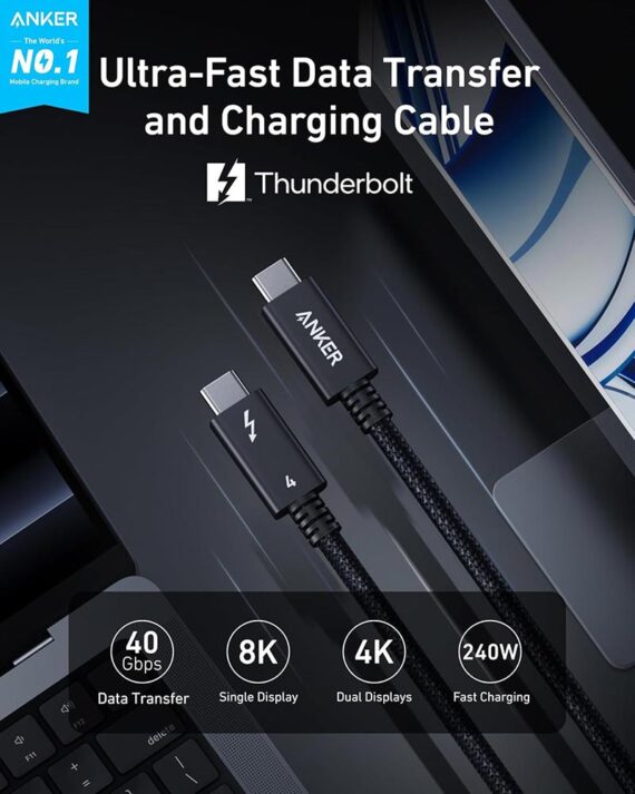 Anker Prime Thunderbolt 4 Cable (3.3ft, 240W, 40Gbps, 8K, Braided) - A84N0011 - Black