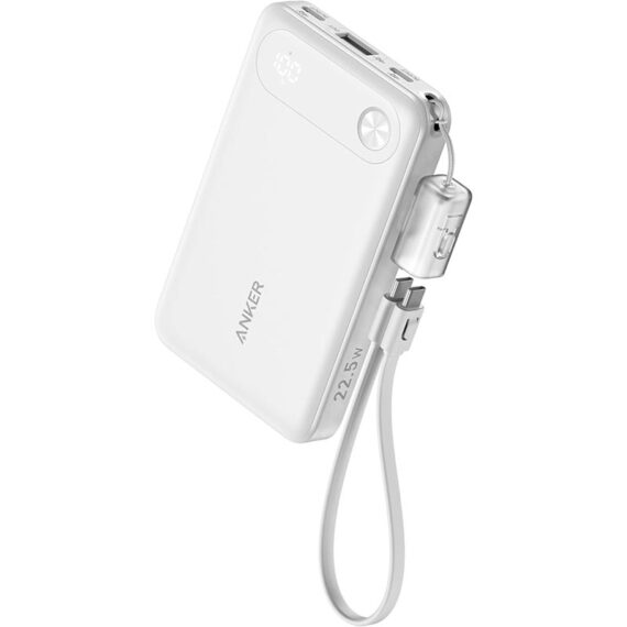 Anker Power Bank with Built-in USB-C Cable and Lanyard (10,000 mAh, 22.5W USB-C Charging) - A1257H21 - White