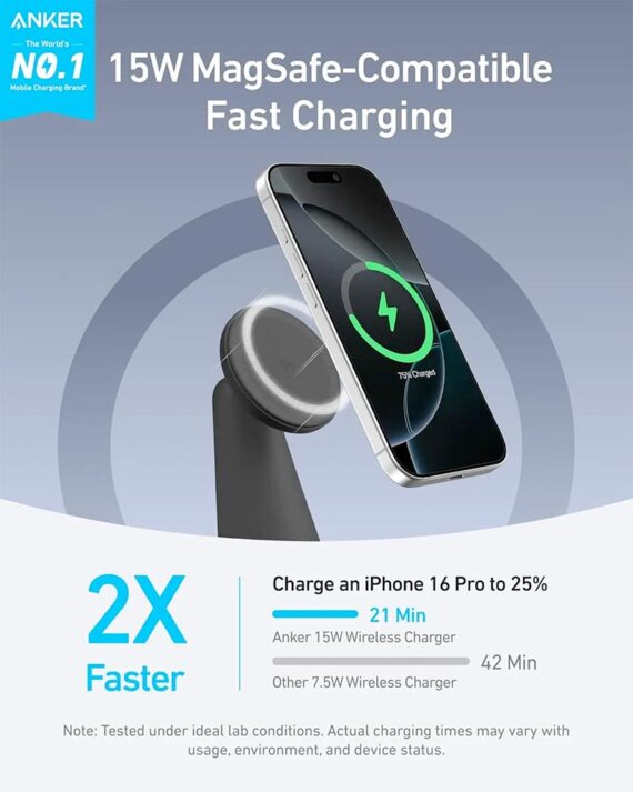 Anker MagGo Wireless Charger (15W, 2-in-1, Dock Stand) with USB-C Cable - A25M7H11 - Black