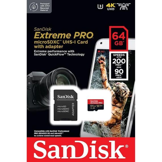 SanDisk 64GB Extreme PRO microSD UHS-I Card with Adapter C10, U3, V30, A2, 200MB/s Read 90MB/s Write (SDSQXCU-064G-GN6MA)