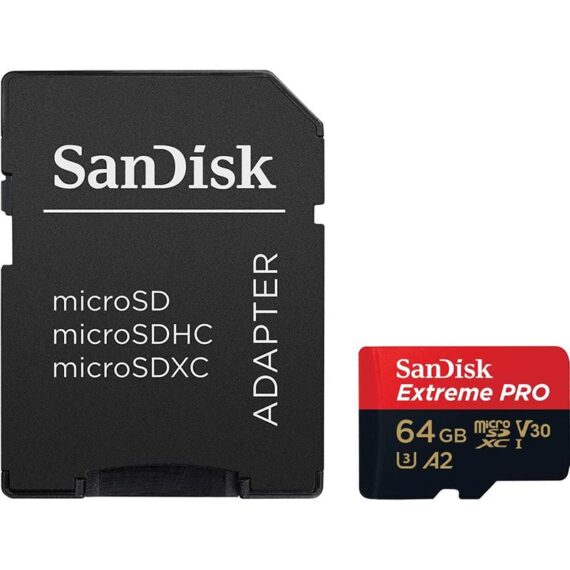 SanDisk 64GB Extreme PRO microSD UHS-I Card with Adapter C10, U3, V30, A2, 200MB/s Read 90MB/s Write (SDSQXCU-064G-GN6MA)