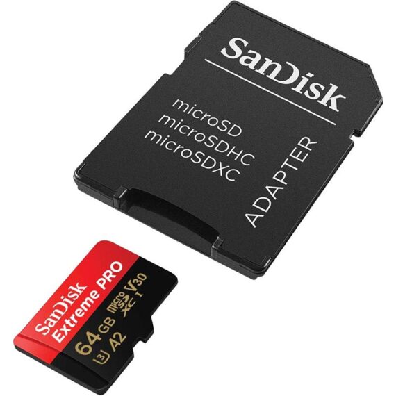 SanDisk 64GB Extreme PRO microSD UHS-I Card with Adapter C10, U3, V30, A2, 200MB/s Read 90MB/s Write (SDSQXCU-064G-GN6MA)