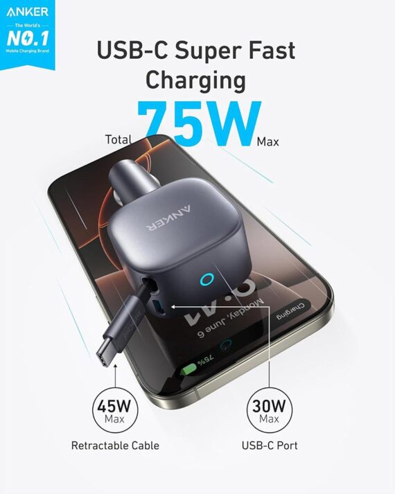 Anker Nano Car Charger (75W, USB-C Port, with Built in Retractable USB-C Cable) - A2738HA1 - Black