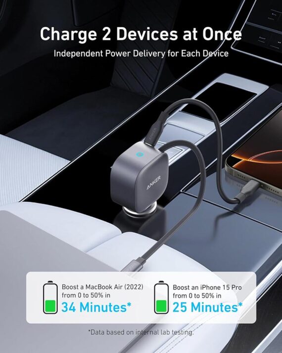 Anker Nano Car Charger (75W, USB-C Port, with Built in Retractable USB-C Cable) - A2738HA1 - Black