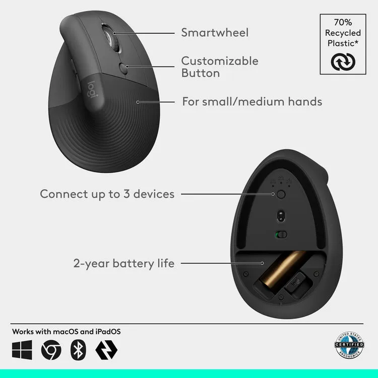Logitech Lift Vertical Ergonomic Wireless Mouse (910-006473) - Graphite