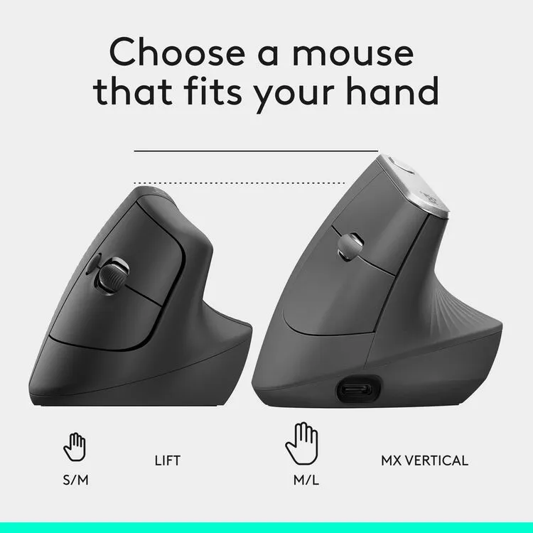 Logitech Lift Vertical Ergonomic Wireless Mouse (910-006473) - Graphite