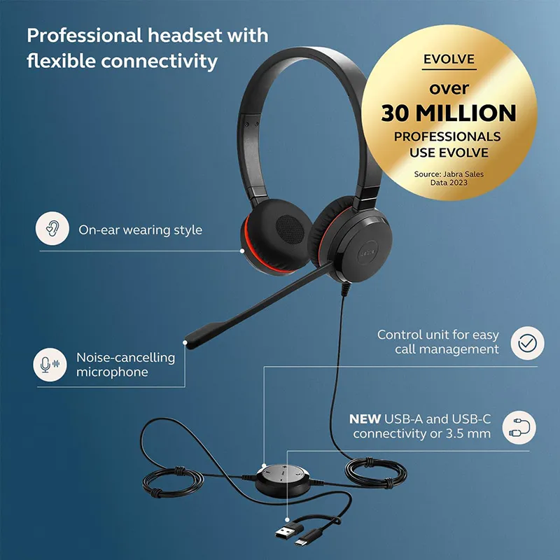 Jabra Evolve 30 II USB-C Wired Stereo Headset with Noise‑Cancelling Mic, Microsoft Teams Certified, with USB-C/A Adapter (5399-823-369)