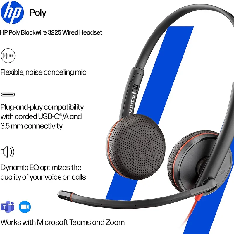 Poly Blackwire 3225 Wired Stereo USB-C Headset with Noise cancelling Mics +3.5mm Plug +USB-C/A Adapter (8X229AA)