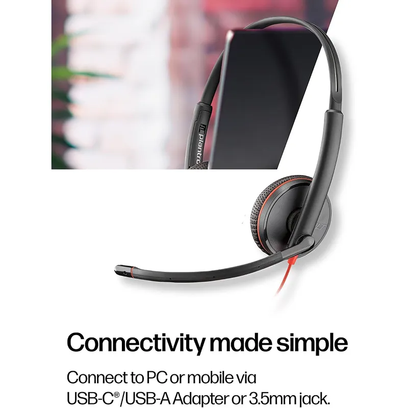 Poly Blackwire 3225 Wired Stereo USB-C Headset with Noise cancelling Mics +3.5mm Plug +USB-C/A Adapter (8X229AA)