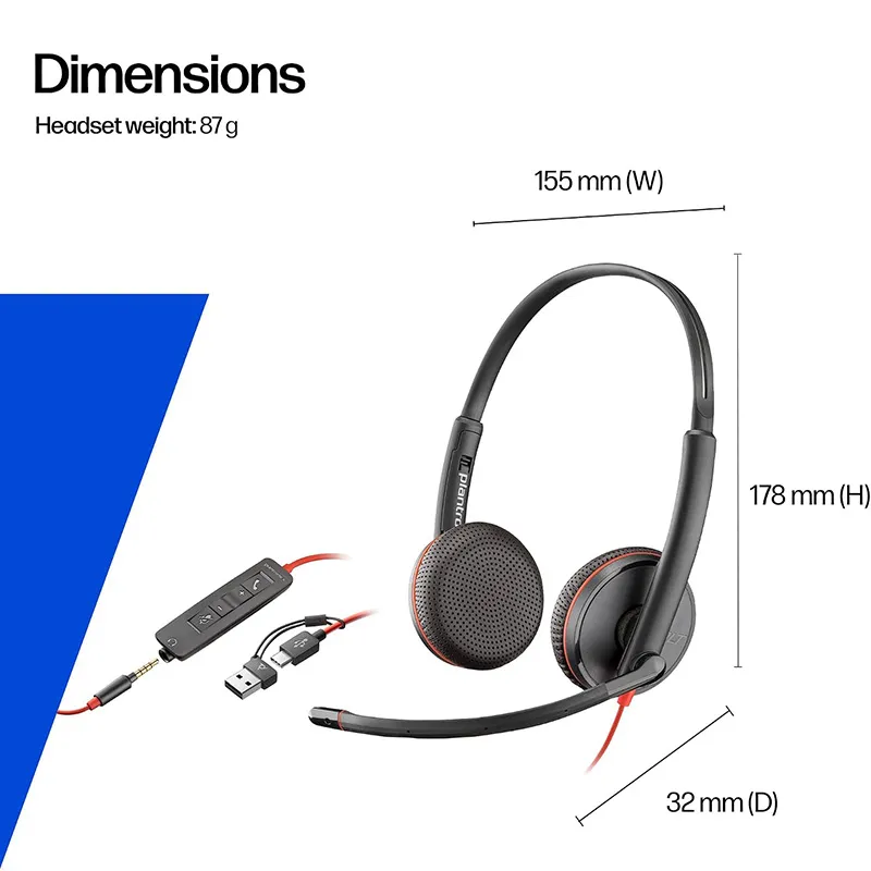 Poly Blackwire 3225 Wired Stereo USB-C Headset with Noise cancelling Mics +3.5mm Plug +USB-C/A Adapter (8X229AA)