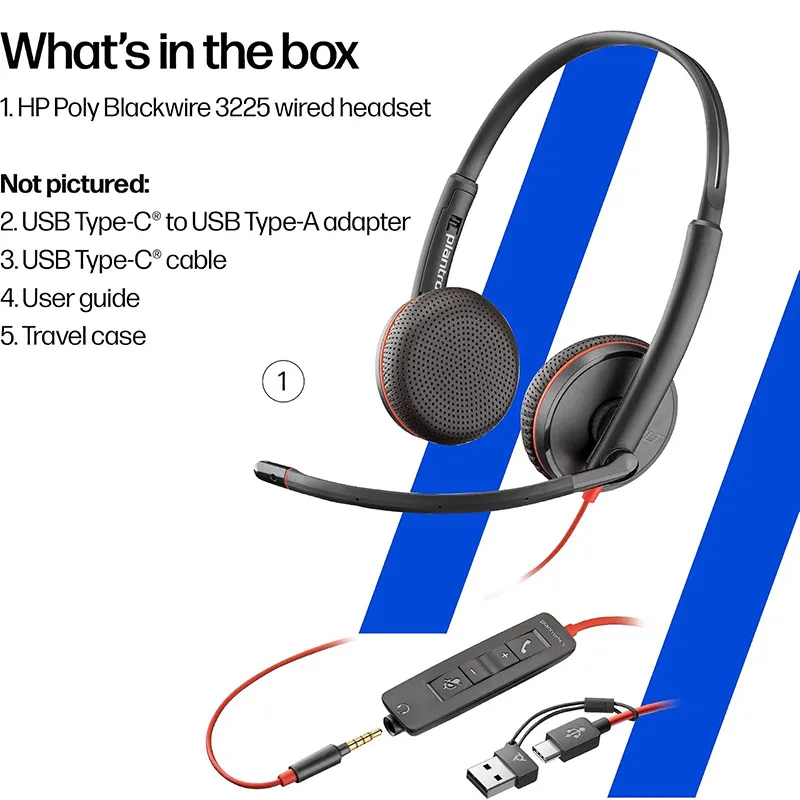 Poly Blackwire 3225 Wired Stereo USB-C Headset with Noise cancelling Mics +3.5mm Plug +USB-C/A Adapter (8X229AA)