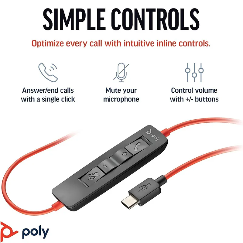 Poly Blackwire 3320 Wired Stereo Microsoft Teams Certified USB-C Headset With Noise cancelling Mics +USB-C/A Adapter (8X220AA)