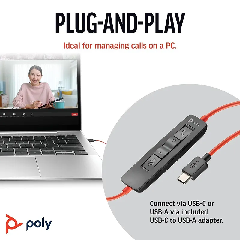 Poly Blackwire 3320 Wired Stereo Microsoft Teams Certified USB-C Headset With Noise cancelling Mics +USB-C/A Adapter (8X220AA)