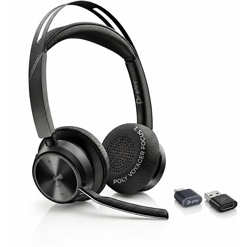 Poly Voyager Focus 2 Bluetooth/Wired Stereo Microsoft Teams Certified USB-C Headset with Active Noise-Cancelling Mics + BT700C with USB-C/A Adapter (9T9J4AA)