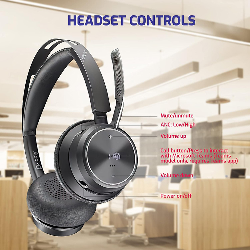 Poly Voyager Focus 2 Bluetooth/Wired Stereo Microsoft Teams Certified USB-C Headset with Active Noise-Cancelling Mics + BT700C with USB-C/A Adapter (9T9J4AA)