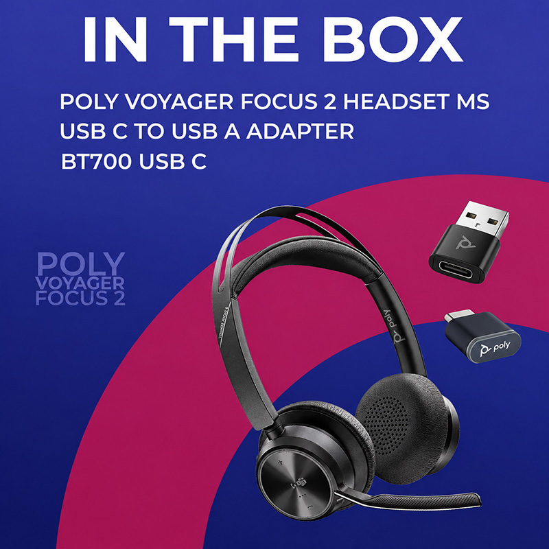 Poly Voyager Focus 2 Bluetooth/Wired Stereo Microsoft Teams Certified USB-C Headset with Active Noise-Cancelling Mics + BT700C with USB-C/A Adapter (9T9J4AA)