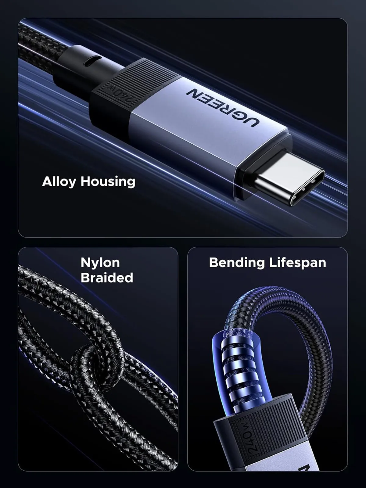 UGREEN 7 Series USB 3.2 Gen 2 USB-C to USB-C Cable (6.6ft, 240W, Nylon Braided) - L701 - Black (UG-95619)